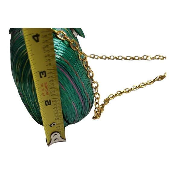 Green Raffia Shoulder Purse Gold Tone Chain Strap Striped With Snap Closure Bag - Picture 9 of 10